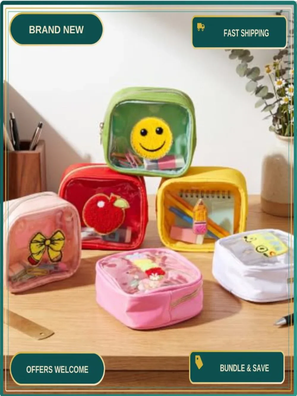 Back to School Embroidery Pencil Pouch Set of 6 Waterproof PVC Clear Cosmetic